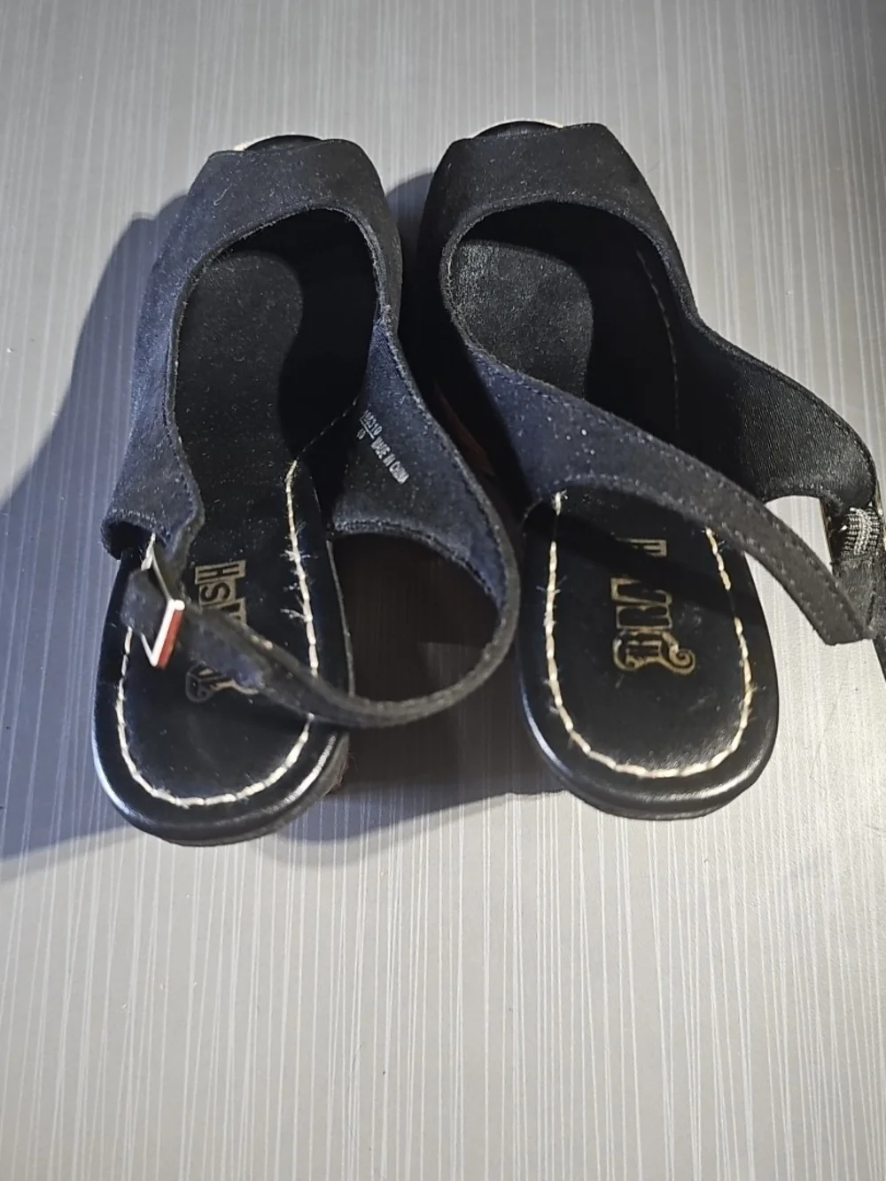 BRASH Black Suede Peep Toe Sling Back‎ Wedge Shoes Women's 5 Excellent PreOwned